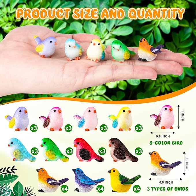 72PCS Miniature Cute Bird Decorative Figurines 11 Styles Mini Resin Birds | Micro Landscape Home Meetings Decoration, Cake Topper
