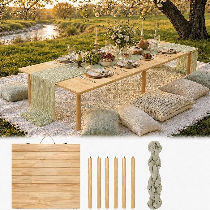 Folding Picnic Table with Table Runner, 60" x 30" Portable Boho Low Picnic Table for 6 Person, Large Wooden Floor Table for Camping, Beach, Garden, Party, Tool-Free Assembly, 165 lbs Capacity