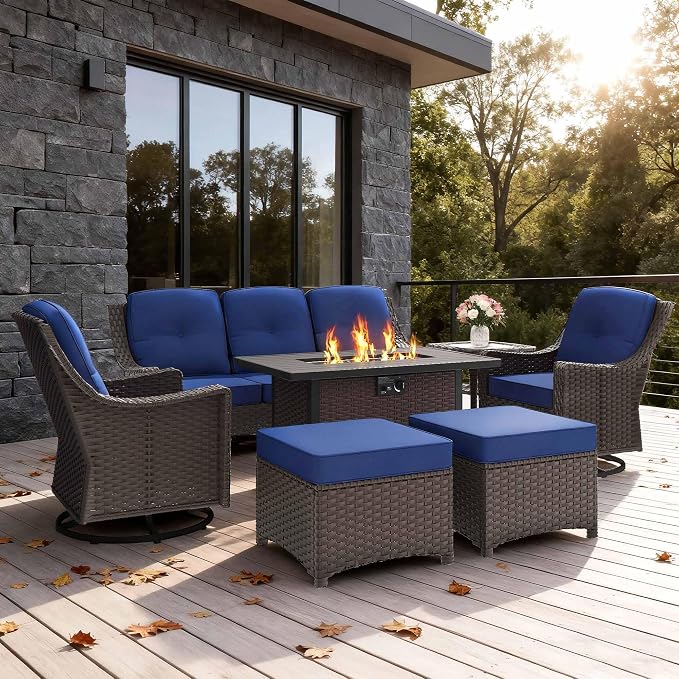 7-Piece Patio Furniture Set Includes Fire Pit Table Outdoor Furniture Combination Rattan Swivel Chair Rattan Sofa with Coffee Table Suitable for Gardens, Patios, and Poolside (Blue)