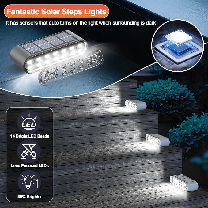Solar Step Lights for Outside, 6-Pack Stair Light Outdoor Waterproof IP67, 14 LED Cool White Light Solar Powered Lighting for Steps, Stairs, Deck, Patio, Walkway, Front Porch Decor