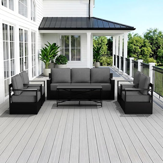 Outdoor Patio Furniture Set, 6-Piece Aluminum Patio Conversation Set All-Weather Metal Outdoor Sectional with 6 Inch Thick Cushions, Deep Setting for Garden, Outside and Porch, Grey