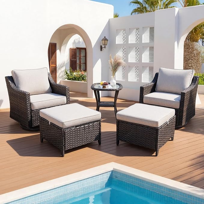 Patio Furniture Set 5 Pieces Luxury Outdoor Swivel Rocker Chairs and Ottomans, Easy Assembly Conversation Set for Porch Deck Balcony Yard in Brown Wicker and Beige Cushions