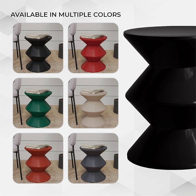 LeisureMod Aura Collection Modern Round Side Table - Black ABS Plastic Double-Hourglass Pedestal - No Assembly Weatherproof Accent Furniture for Living Room, Patio & Outdoor Decor