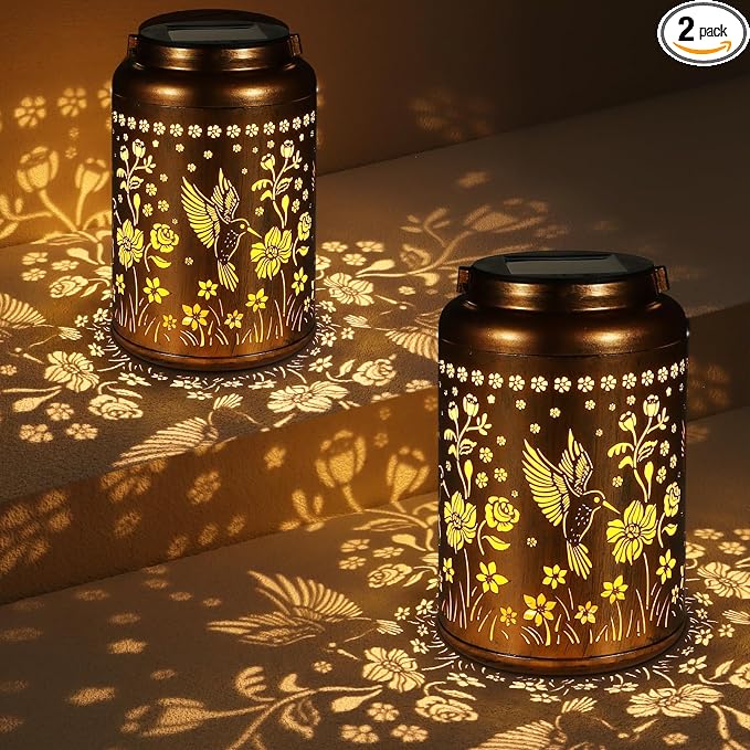 2 Pack Solar Lanterns Outdoor Waterproof, Hummingbird Garden Decor Gifts for Women Mom Grandma Hanging Solar Lights Metal Solar Decoration Outside for Yard, Patio, Lawn, Pathway | Gifts for Women Mom Grandma Hanging Solar Lights Metal Solar Decoration ...