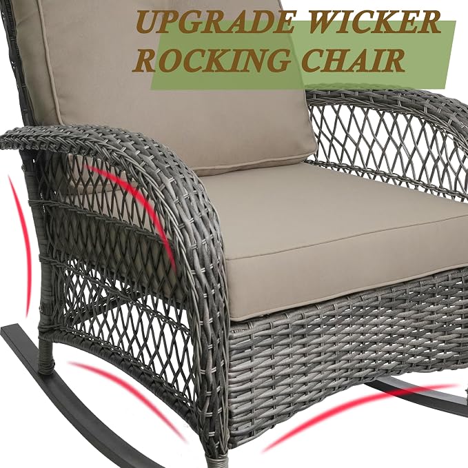Outdoor Wicker Rocking Chair, All Weather Resin Rattan Wicker Rocking Chairs and Glass Coffee Table, for Garden Backyard Lown Porch,3pc,Brown