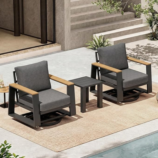 Outdoor Swivel Patio Chairs Set of 3, Aluminum Large 3-Piece Outdoor Patio Conversation Furntiure Set With Side Table, Luxury Wider Seat & High Back Bistro Table and Chairs Set of 3, Graphite