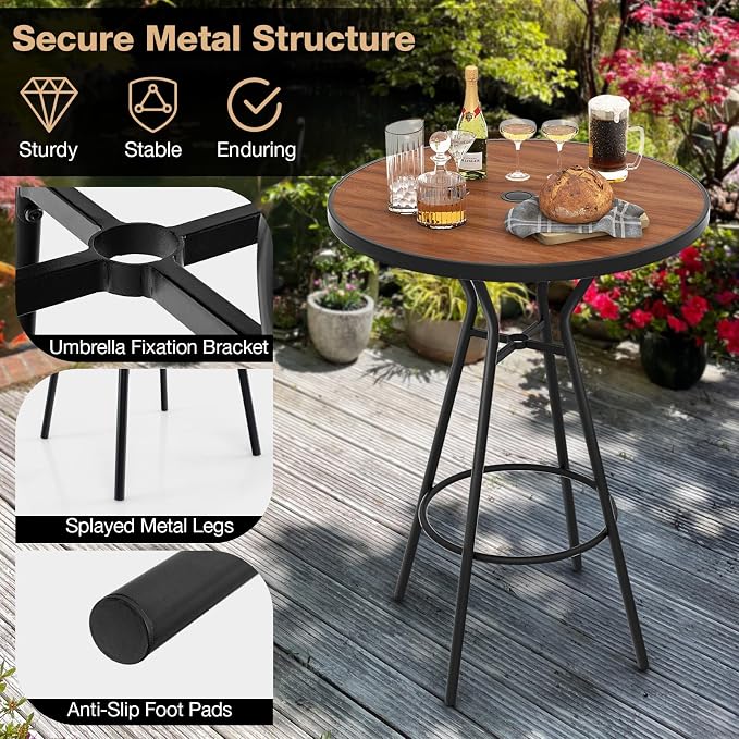 Tangkula 28” Outdoor Bar Table, Round Bar Height Table with Wood-Like Tabletop, Umbrella Hole & Footrest, Patio Bistro Table, High Top Table for Backyard, Garden & Deck