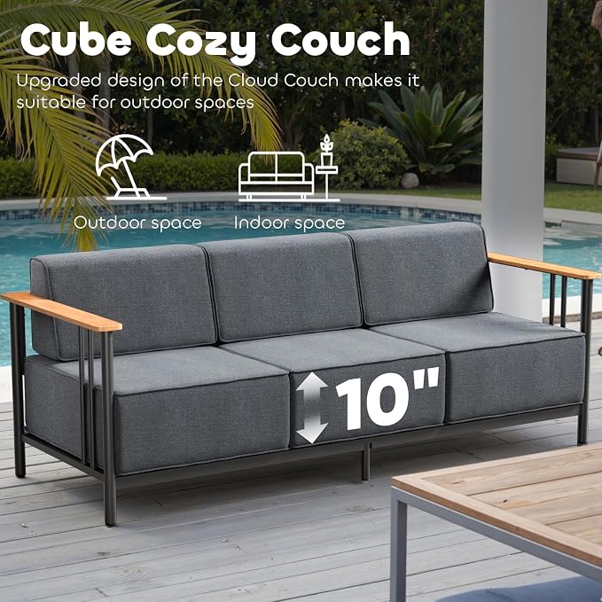 Luxury Patio Furniture Set with 10" Extra Thick Cushions, 8 PCS Outdoor Furniture Set with Patio Chairs & Couch & Coffee Table, Suitable for Porch, Balcony, Deck, Yard, Poolside, Black/Grey