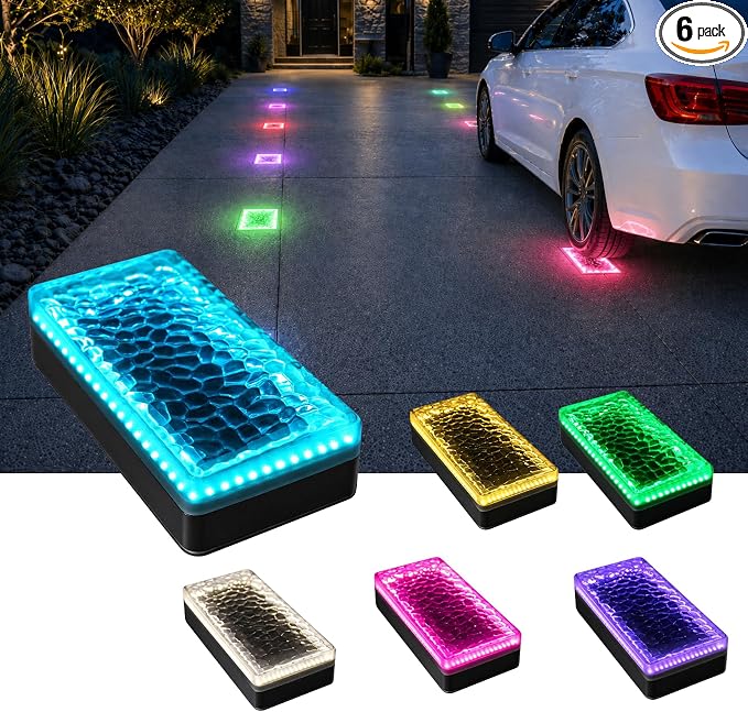 4x8 Solar Ground Lights, 12-Color Paver Light, RGB-W, 6Pack | Outdoor Waterproof, Recessed Lighting Bricks, Color Changing, Driveway, Pathway, Landscape, Heavy Duty, Car Weight Bearing