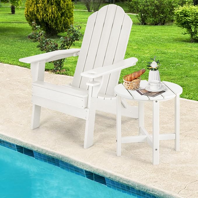 Tangkula Round Outdoor Side Table, 18" Weather Resistant HDPE Adirondack Table, Outdoor Indoor Chairside End Tables, Patio Side Table for Lawn Garden Balcony Backyard, Easy Assembly (1, White)