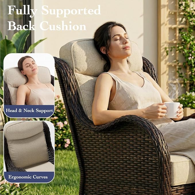7 Pieces Outdoor Patio Furniture Set with 5" Thick Cushions, Weather-Resistant Wicker High Back Swivel Rocker Chairs, Patio Conversation Set for Outside Porch Deck Garden，Beige