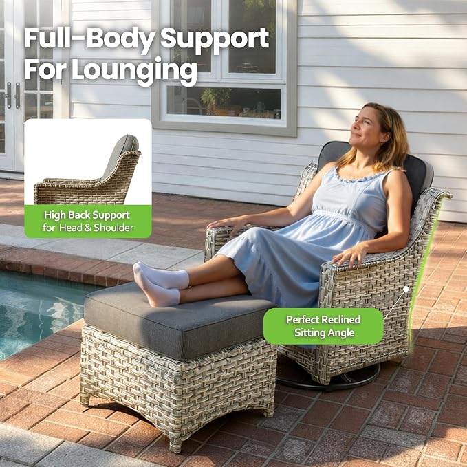 3 Piece Patio Furniture Set, Outdoor High Back Swivel Rocker Chairs Set of 2 with Side Table, All Weather Wicker Glider Chair with Thick Cushions for Backyard Balcony Porch, Dark Gray