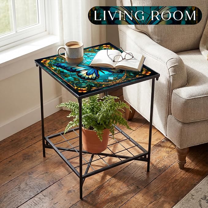 Cinnvoice Outdoor Side Table 2-Tier Storage Square Small Mosaic Patio Accent Indoor End Plant Coffee Tea Table for Yard Patio Porch Garden Living Room, Bedroom(Butterfly Style)