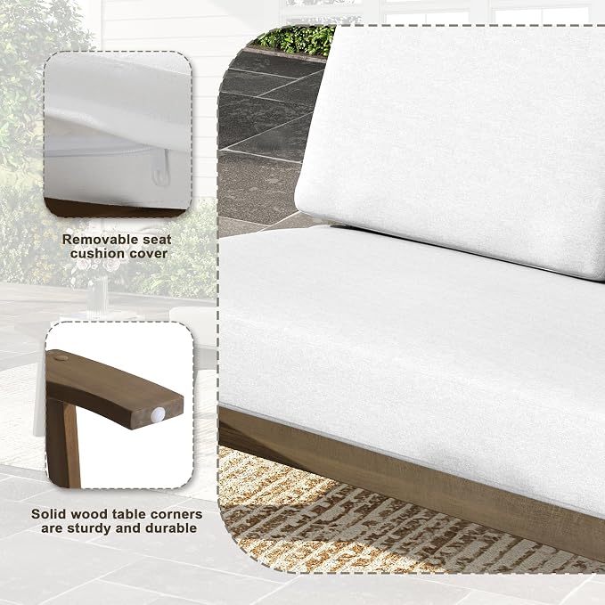 Wood Patio Furniture Sets, 3 Pieces All Weather Patio Loveseat Sofa Outdoor Sectional Futniture Backyard Conversation Set with Solid Wooden Coffee Table - Beige