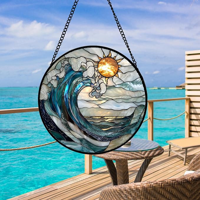 DASTOLL Stained Glass Window Hanging, Blue and White Waves Suncatcher Diamond Glass Panel Landscape Sun Catchers Decor for Birthday for Women, Men, Wife, Aunt, and Mom 14.9x14.9 in