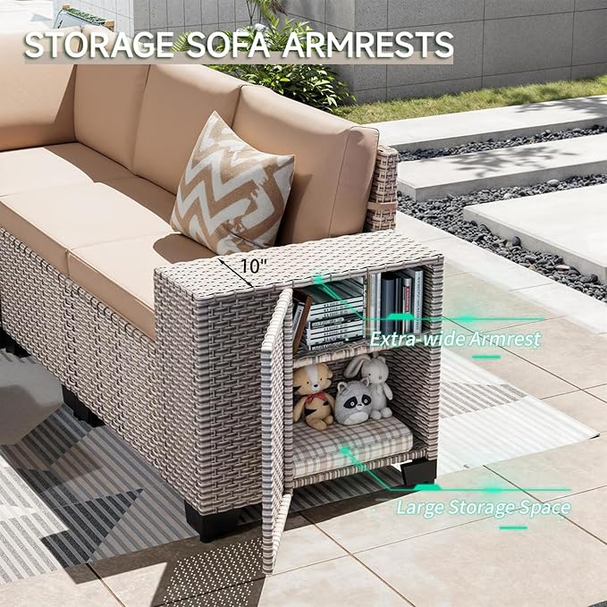 7-Piece Outdoor Patio Furniture Set with Fire Pit, Modular Sectional Sofa Set with Glass Coffee Table and Cushions, Wicker Outdoor Couch Conversation Sets, Khaki