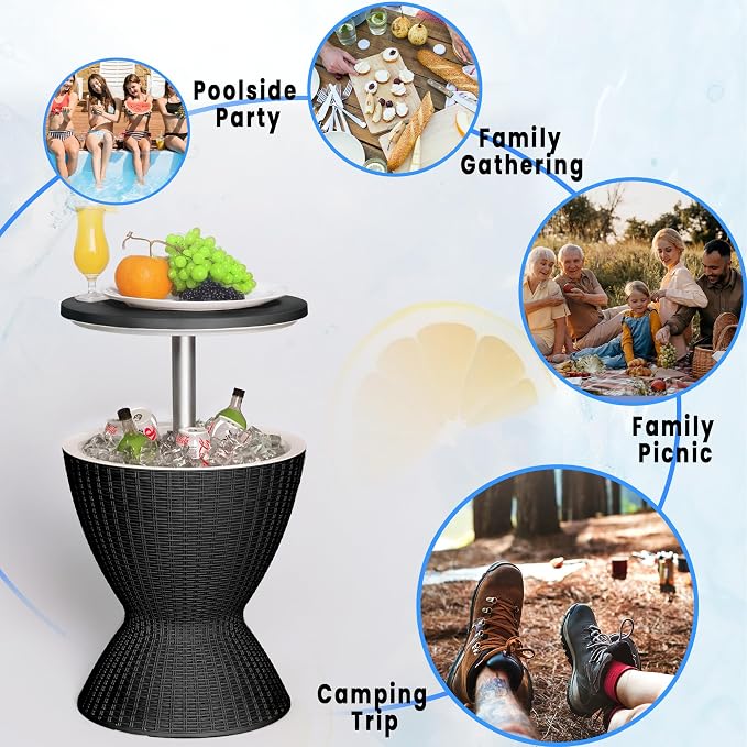 Outdoor Cooler Table – Adjustable Height with Built-in Ice Cooler Side Table, Resin Cool Bar for Patio, Party, Pool, Garden(Black)