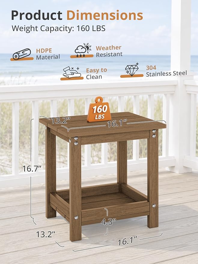 LUE BONA Outdoor Side Table, 2-Tier HDPE Small Outdoor End Table with Rail for Patio, Deck, Poolside, Low Maintenance & Weather Resistant, Walnut Brown
