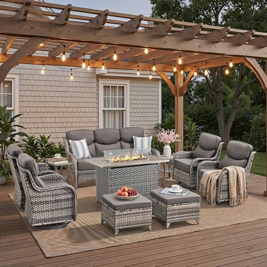 Luxury Patio Furniture Set with 42.5" Fire Pit Table, 10 Pieces High Back All Weather Wicker Outdoor Furniture w/ 6-Inch Thick Cushions, Patio Swivel Chairs Couch for Deck Balcony Backyard Grey