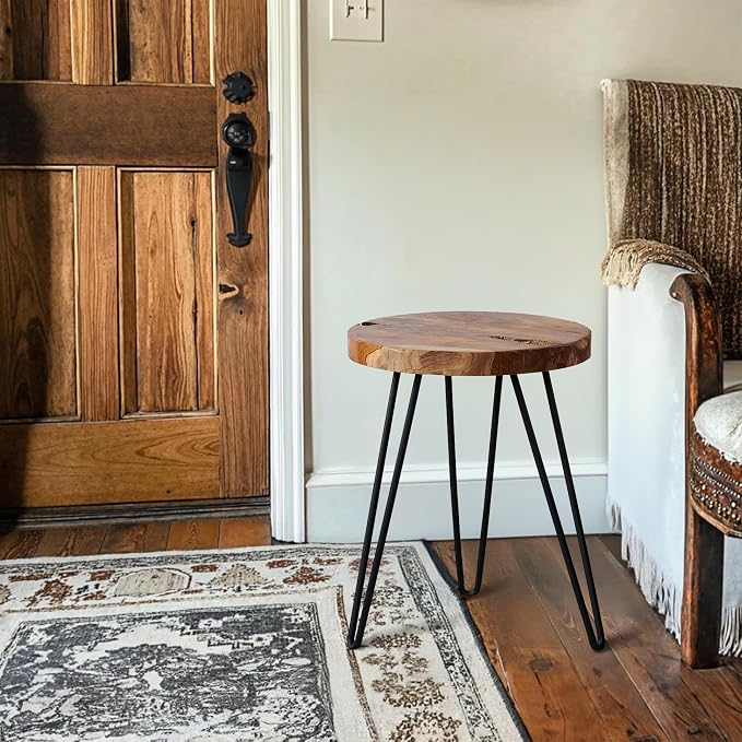 Round Teak Wood Side Table 15" x 15" x 20.4" H Vintage Wooden Slab Coffee Live Edge Tables Solid Wood Rustic Plant Stand Accent End Tables Living Room Patio Bedroom Nightstand
