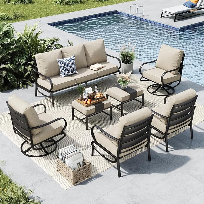 MFSTUDIO 7 Pieces Metal Patio Furniture Sets, 2 Swivel Chairs, 3-Seat Deep Seating Sofa, 2 Single Couch and 2 Ottoman, All Weather 9 Seats Outdoor Conversation Set for Garden Backyard，Beige Cushion