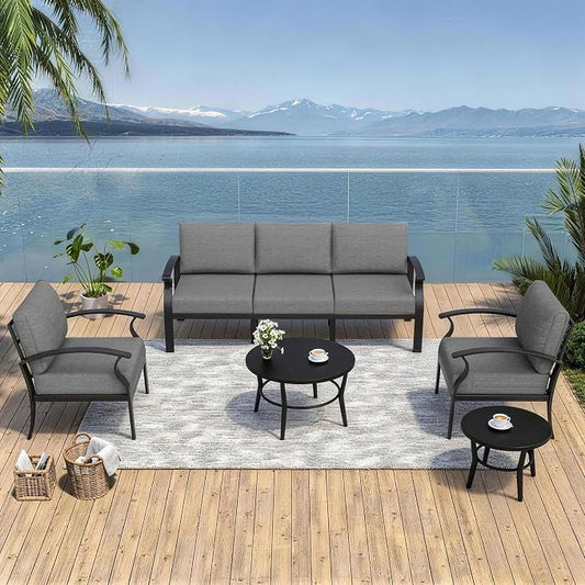 Kurapika Aluminum Patio Furniture Set 5-Seat Modern Metal Outdoor Conversation Sets w/5.1 Inch Cushion Patio Sectional Sofa with 2 Round Coffee Tables, Grey