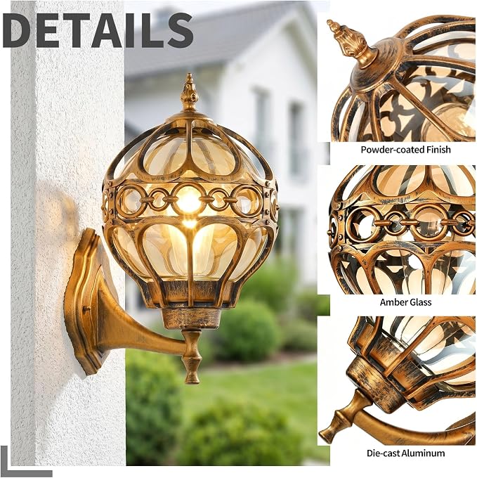 Globe Die Cast Aluminum Outdoor Wall Light, Brushed Gold Finish | Anti-Rust Waterproof Hardwired Exterior Wall Sconce with Amber Glass, Outside Wall Lantern for Patio, Porch, Backyard