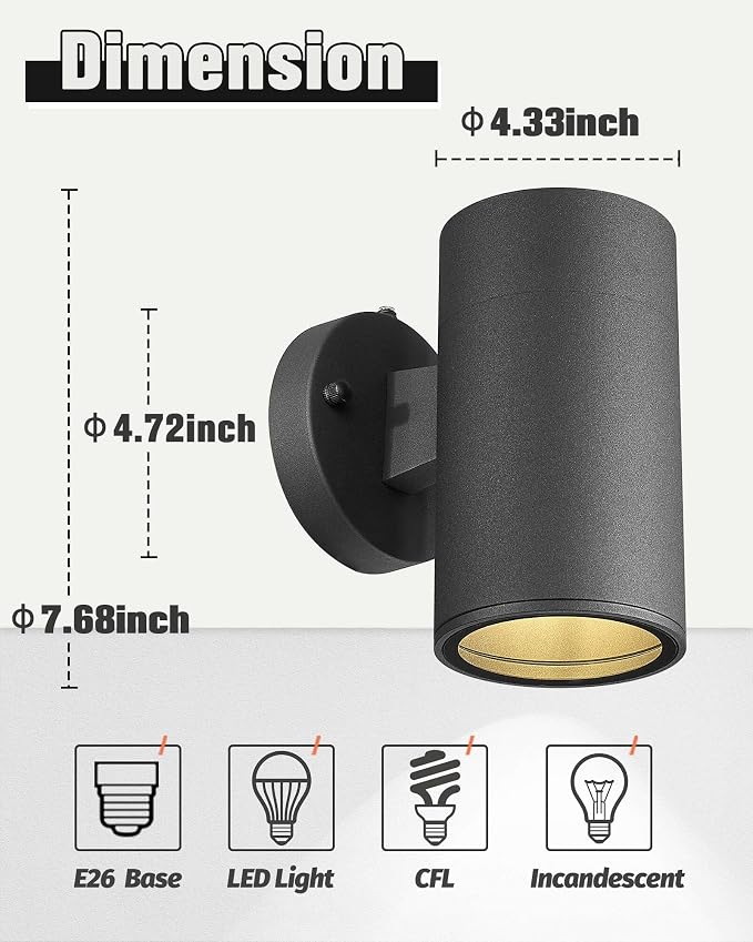 Ken & Ricky Dusk to Dawn Outdoor Wall Sconce Lights,Cylinder，Black ，2 PK | With Glass Cover,Photocell Sensor,No Glare Exterior Lighting Fixtures,E26,For House Front Porch Garage Patio Entryway
