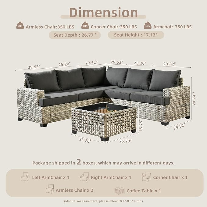 CAODOC Outdoor Sectional Patio Furniture Set,6 Pieces Wicker Conversation Sets L Shaped Couch,Outdoor Sofa Outside Furniture with Solar-Powered Coffee Table(Black)