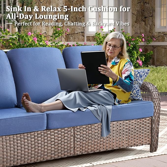 Patio Furniture Set with Fire Pit Table - 7 Pieces All-Weather Wicker Outdoor Furniture with High Back Swivel Chairs Set of 2 Outdoor Couch & Side Table for Deck Balcony Backyard Blue