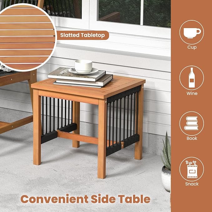HAPPYGRILL 3 Pieces Acacia Wood Bistro Set, Patio Conversation Set Rope Woven Chair & Table Set for Backyard Porch Garden Poolside