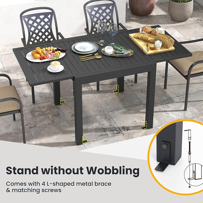 Giantex Expandable Patio Table, 31.5”-63” Extendable Aluminum Dining Table for 4-6 People, Slatted Tabletop, Square Rectangular Outdoor Table for Backyard, Front Porch, Poolside