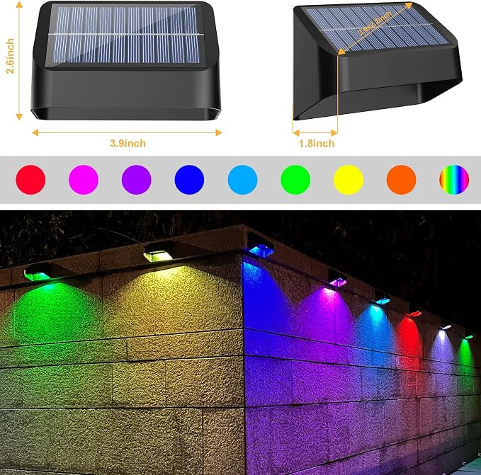 Brighter Solar Fence Lights RGB 8 Colors, Dusk to Dawn Deck Light, Fence Solar Lights Outdoor IP65 Waterproof, Solar Outdoor Lights for Backyard/Railing/Wall/Step/Patio(4 Pack)