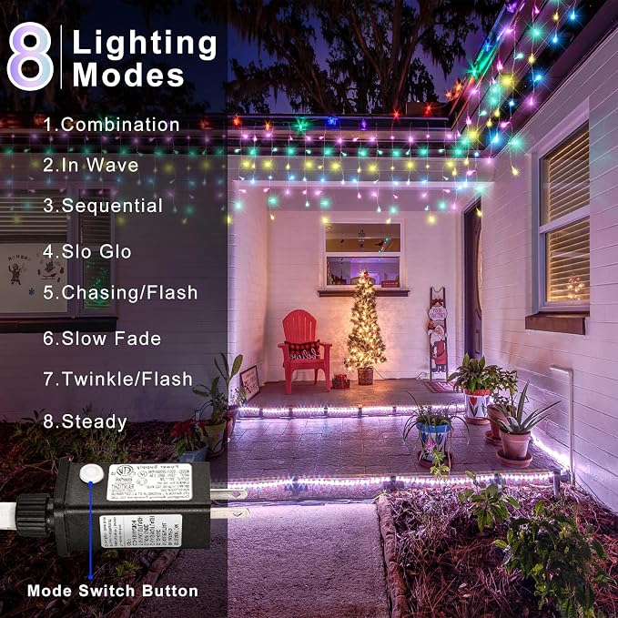 66ft 640 LED Pastel Multicolor Christmas Lights Outdoor Icicle Lights for Outside, Clear Wire Connectable Twinkle Light with 8 Modes Timer Waterproof for House Window Party Holiday Patio Yard Decor
