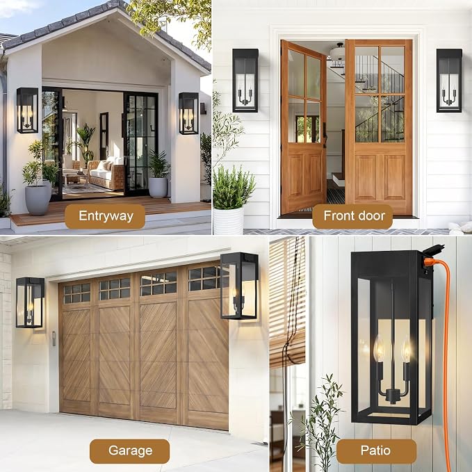 2-Pack 17.87" Extra Large Outdoor Wall Lights with GFCI Outlet, Black 2-Light Porch Lights Outdoor, Waterproof Exterior Lamp with E12 Sockets for House, Porch, Patio, Garage