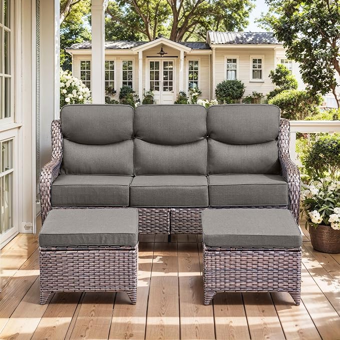 HUMMUH 7 Pieces Wicker Patio Furniture Set with Patio Swivel Chairs Set of 4,High Back Outdoor Sofa Ottomans,6 Inch Thick Cushions Outdoor Conversation Set for Porch, Balcony, Deck