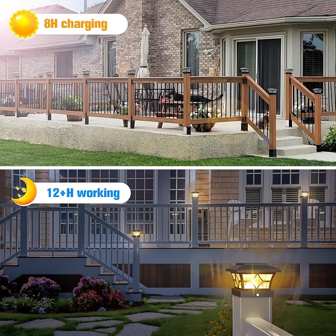 VOLISUN Solar Post Cap Lights Outdoor, Solar Powered Fence Cap Lights for 4x4 Vinyl/Wood, Black Waterproof Solar Deck Post Light 4Pack Cool/Warm for Garden Patio Porch