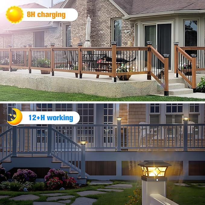 VOLISUN Solar Post Cap Lights Outdoor, Solar Powered Fence Cap Lights for 4x4 Vinyl/Wood, Black Waterproof Solar Deck Post Light 8Pack Cool/Warm for Garden Patio Porch