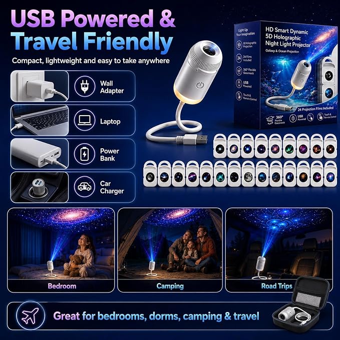 2027 Upgraded Hd Smart Dynamic 5d Holographic Night Light Projector, Plug and Play Hd Star Projector, 360° Adjustable Hd Galaxy and Ocean Projector for Indoor and Outdoor (6 Projection Films)