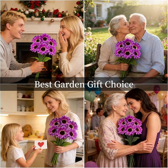 Solar Garden Lights Outdoor, 4 Pack Solar Purple Sunflower Lights with 18 Head 3.5 Inch Flowers, Waterproof Flowers Light Fall Decor Auto ON/Off for Garden Yard Patio Backyard, Gifts for Mom Women