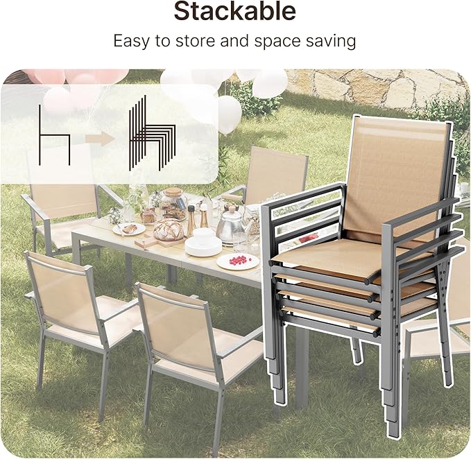 Ahomly Patio Table and Chairs Set for 6, Outdoor Dining Set Includes 59.5" Rectangle Patio Table with Side Umbrella Hole and 6 Textilene Fabric Patio Chairs for Backyard, Courtyard, Poolside, Brown