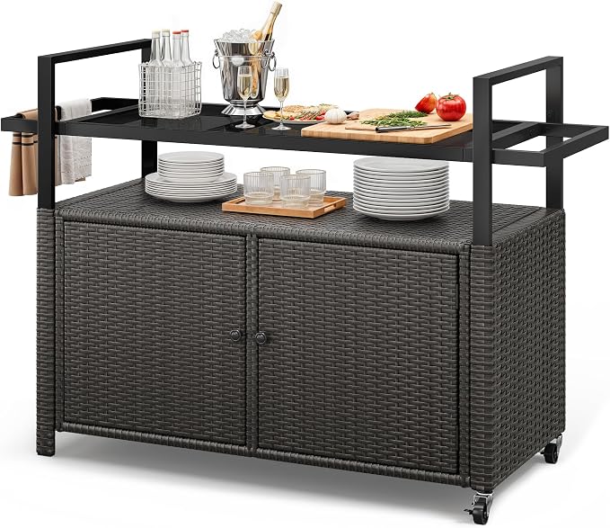 YITAHOME XL Outdoor Storage Cabinet, Outdoor Storage Cart with Wheels and Black Glass Table Top for Patio, Outdoor Cabinet for Poolside and Backyard (Dark Brown)