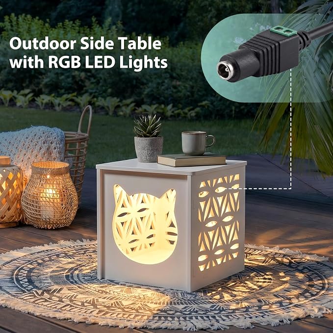 VINGLI Outdoor Side Table with Cat House and LED Light, 15.6" Resin Waterproof Square Side Table End Table for Patio Garden Balcony Porch (White)