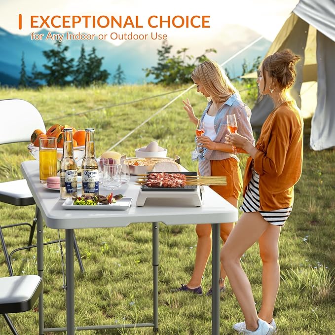 Elevon 4 Feet Heavy Duty Folding Table with Adjustable Height, Fold-in-Half Portable Table for Indoor Outdoor Use - Camping, Picnic, Party, Wedding, Dining, Utility Table