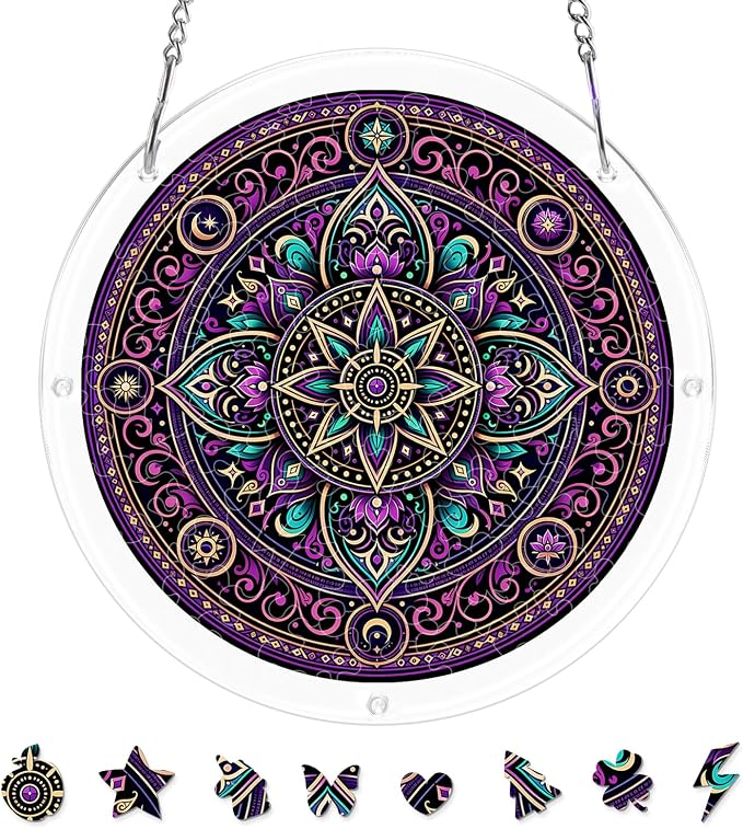 Acrylic Puzzle Suncatcher, Sun Catchers Puzzle for Window Hanging | 8.9 Inch Purple Mandala DIY Suncatcher Puzzle Gifts for Adults, Women, Men, Wife, Mom, Home & Garden Decor