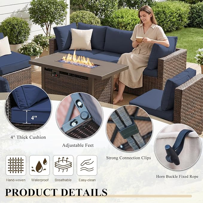 15 Piece Patio Furniture Set with Fire Pit Table All Weather PE Rattan Outdoor Sectional Sofa Couch with No-Slip Cushions and Glass Top Tables for Garden, Poolside, Backyard (Blue)
