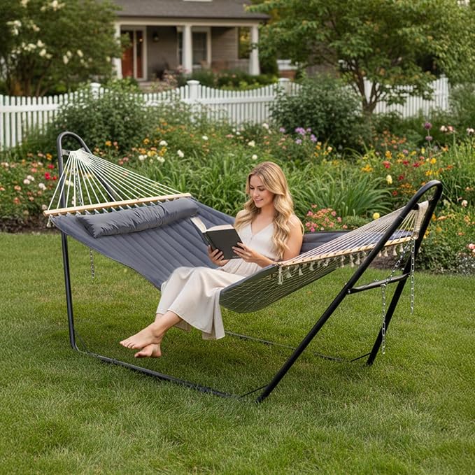 ONCLOUD Double Hammock with Stand for Outside, Rope Hammock with Pillow and Pad, Heavy Duty Hammock Set for Backyard, 550 LBS (Grey)