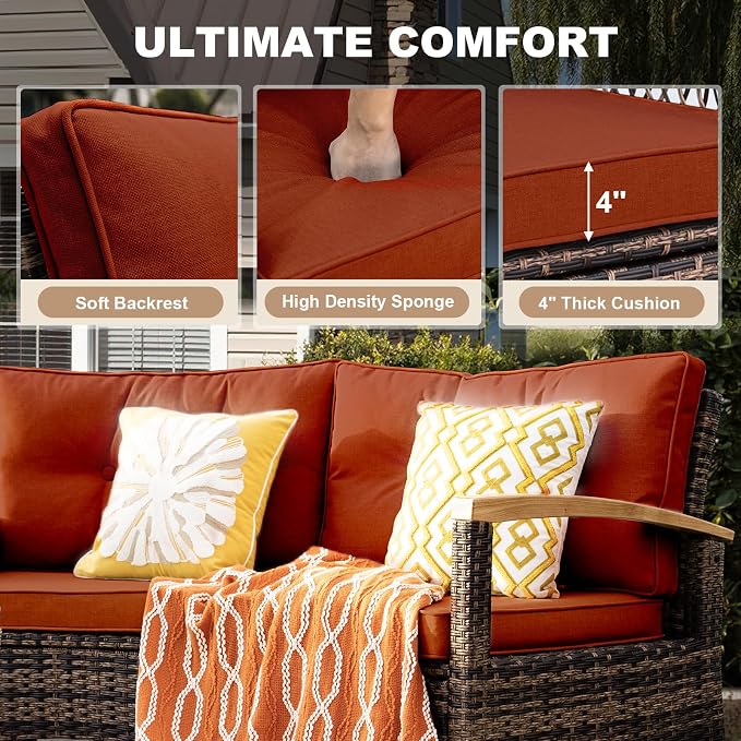 MEISSALIVVE 9-Piece Half-Moon Curved Outdoor Patio Furniture Set, Sectional Conversation Sofa with Wood Armrests, Coffee & Side Tables for Backyard Deck Garden, Red