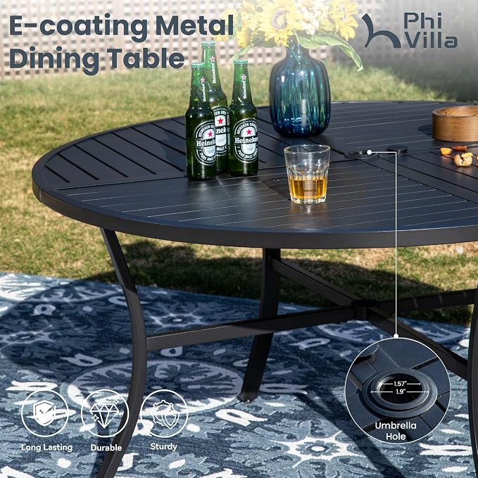 PHI VILLA Round Outdoor Dining Set for 6 with Swivel Chairs, Navy Blue | High back padded chairs，All weather reistant, Metal table, Umbrella hole, 7 piece, Patio deck backyard