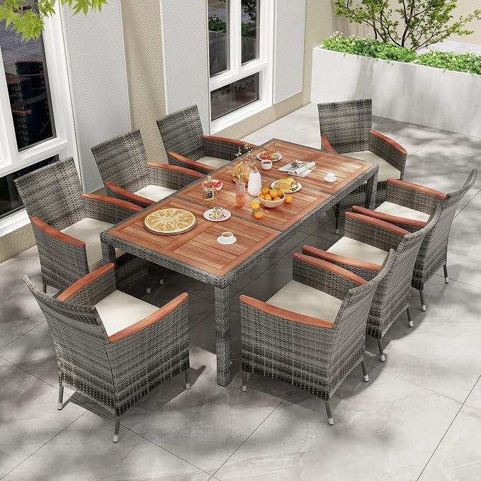 KOTEK 9 Piece Outdoor Dining Set, Wicker Patio Dining Set for 8 with Acacia Wood Table & Chairs, 1.96'' Umbrella Hole, Patio Table and Chairs Set for Backyard, Deck, Garden (Mix Grey)